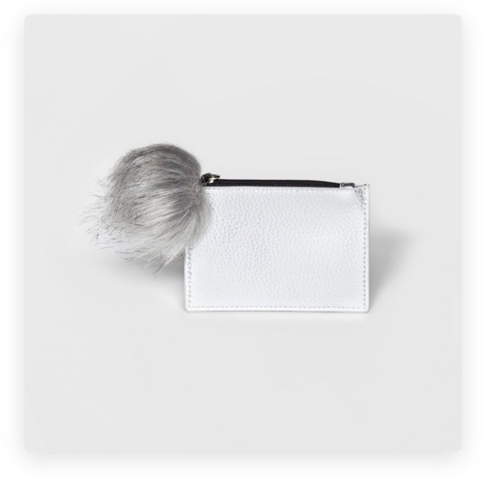 Silver zip card case holder wallet with pompom
